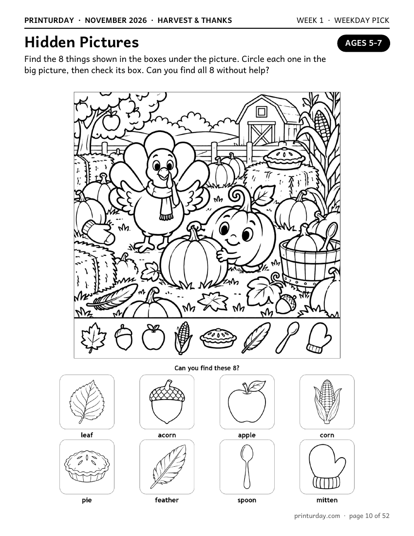 Hidden pictures page for ages 5-7