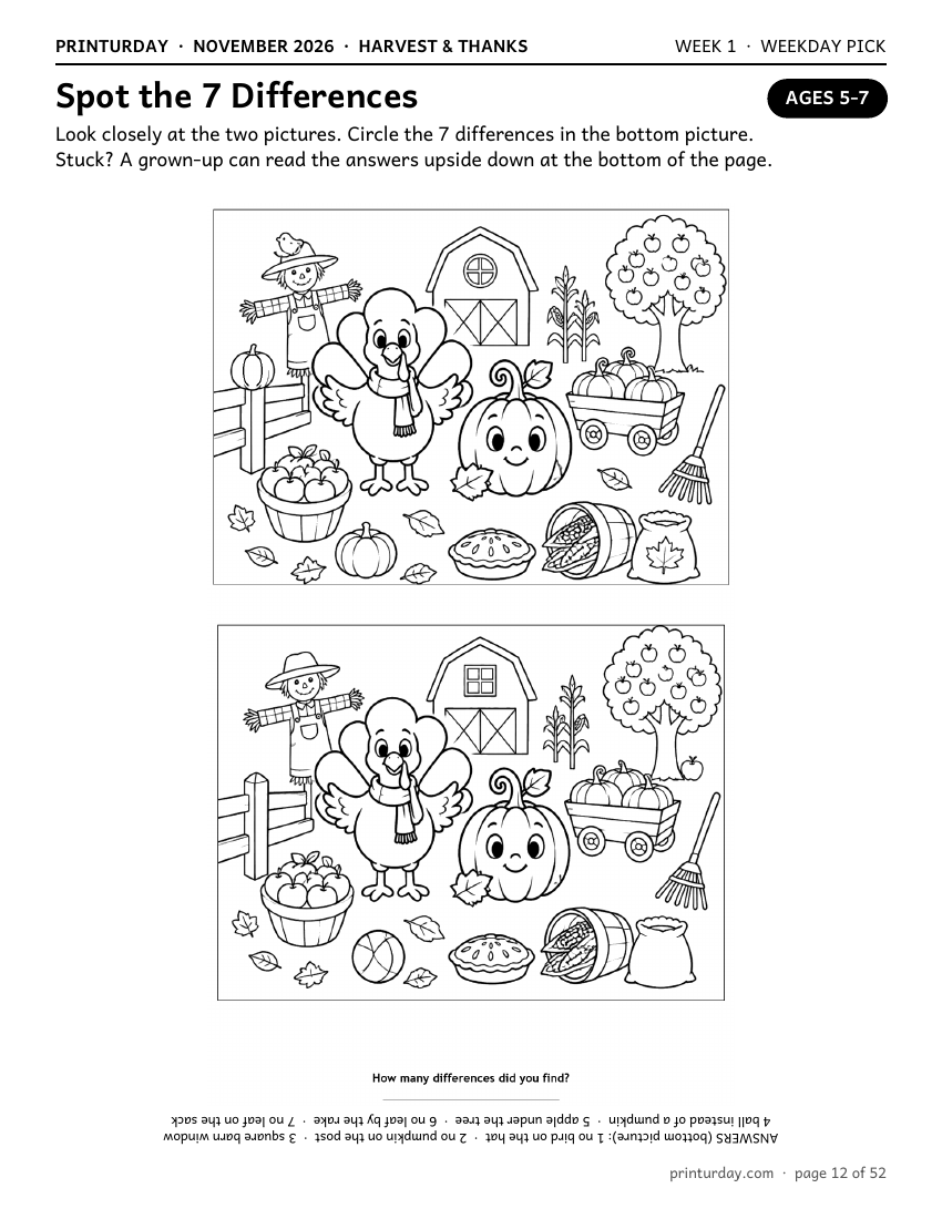 Spot the difference page for ages 5-7