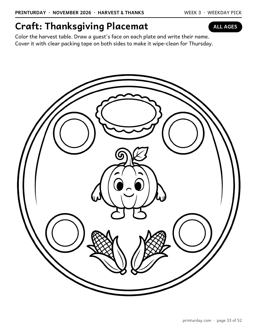 Craft: Thanksgiving Placemat (all ages) Thanksgiving placemat craft page